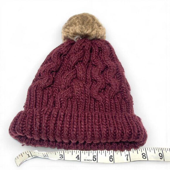 Barbour Cable Knit Hat With Faux Fur Pom-Pom Burgundy Red Acrylic Wool OS 8"x10" - Picture 7 of 8